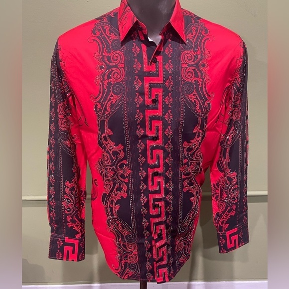 Deniko shirt button front red floral rhinestone regular fit - Picture 1 of 4